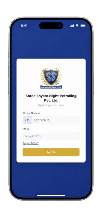 Shree Shyam client app — login screen showing real-time guard reporting dashboard